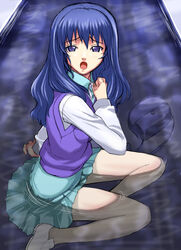  arm_support artist_request bag bare_legs blue_eyes blue_hair female handbag loafers long_hair long_sleeves looking_at_viewer looking_to_the_side menori mujin_wakusei_survive no_socks open_mouth purple_sweater_vest shoes sitting sitting_on_water skirt solo sweater_vest water wet yokozuwari 