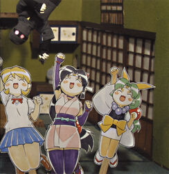  3girls ^_^ blonde_hair blunt_bangs choker closed_eyes fingerless_gloves fishnets gloves green_hair headband highres japanese_clothes jumping kimono long_hair long_sleeves low-tied_long_hair miyabi_(ninin_ga_shinobuden) multiple_girls ninin_ga_shinobuden obi paper_child papercraft_(medium) photo_(medium) pleated_skirt purple_thighhighs sash sasuke_(ninin_ga_shinobuden) scan scan_artifacts school_uniform shinobu_(ninin_ga_shinobuden) shiranui_kaede short_kimono siblings sisters skirt thighhighs traditional_ninja unconventional_media 