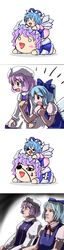  2girls :d azumanga_daiou bow cheering chibi cirno expressionless eyepatch fairy fairy_wings gaijin_4koma_(meme) hairbow hirosato ice ice_wings letty_whiterock long_sleeves meme multiple_girls nekokoneko o_o open_mouth parody smile three_quarter_view touhou wings 