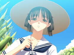  bow brown_eyes brown_hair collarbone corn_field day dress female from_below game_cg hair_rings hairbow hat outdoors sailor_dress shade sky solo sora_no_iro_mizu_no_iro sorayama_natsume sun_hat sunlight sweat tony_taka upper_body 