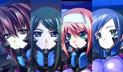  4girls armor black_hair blue_hair bodysuit bou_(inubou) column_lineup fortified_suit game_cg green_eyes hairband kashiwagi_haruko kazama_touko multiple_girls munakata_misae muv-luv muv-luv_alternative pilot_suit pink_hair purple_bodysuit purple_hair suzumiya_akane 