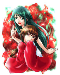  2girls artist_request bare_arms brown_hair covering_own_mouth crossover futaba_channel green_hair guro_cure hair_between_eyes head_tilt index_finger_raised kurame kusari_hime:_euthanasia long_sleeves looking_at_viewer multiple_girls open_mouth photoshop_(medium) red_eyes saya_(saya_no_uta) saya_no_uta short_hair sidelocks sleeves_past_wrists smirk source_request 