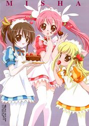  3girls :p ahoge animal_ears apron banana_hair_ornament blonde_hair brown_hair cake candy cat_ears cherry chocolate chocolate_cake dress food food-themed_clothes food-themed_hair_ornament fruit hair_ornament heart heart-shaped_chocolate long_hair misha_(pita_ten) multiple_girls official_art pantyhose pita_ten ponytail puffy_short_sleeves puffy_sleeves purple_background purple_eyes rabbit_hair_ornament red_eyes sakai_kyuuta scan shia_(pita_ten) short_sleeves simple_background strawberry strawberry_hair_ornament striped_clothes striped_dress thighhighs tongue tongue_out twintails uematsu_koboshi vertical-striped_clothes vertical-striped_dress waitress white_pantyhose white_thighhighs 