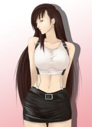  arms_behind arms_behind_back bare_shoulders belt breasts brown_eyes brown_hair earrings female final_fantasy final_fantasy_vii furubokko gradient gradient_background highres jewelry long_hair midriff miniskirt skirt solo suspenders tank_top tanktop tifa_lockhart 