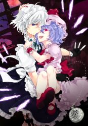  2girls bad_id bad_pixiv_id bat_(animal) blood blue_hair carrying danmaku gloves hand_on_head hug izayoi_sakuya knife multiple_girls oerba_yun_fang pocket_watch princess_carry purple_eyes red_eyes remilia_scarlet short_hair smile thigh_strap touhou tsutsumi_(trmacd) vampire watch white_hair window 