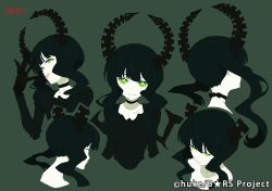  black_rock_shooter choker dead_master female green_eyes head_tilt horns matsuo_yuusuke multiple_views production_art tongue 