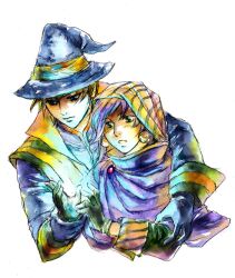  androgynous brown_hair butz_klauser cloak couple earings earrings faris_scherwiz female final_fantasy final_fantasy_5 gloves glow glowing green_eyes hat head_scarf jewelry koutoubu male occipital open_mouth open_mouth purple_hair reverse_trap short_hair tomboy witch_hat 