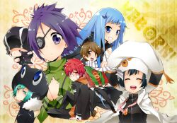  3boys 4girls animal_hat blue_hair bluebell chrome_dokuro closed_mouth commentary_request danemaru eyepatch fran_(reborn) frog_hat fuuta_delle_stelle graphite_(medium) green_eyes green_hair hat katekyo_hitman_reborn! kozato_enma long_hair looking_at_viewer mammon_(reborn) multiple_boys multiple_girls purple_eyes purple_hair school_uniform short_hair smile traditional_media uni_(reborn) 