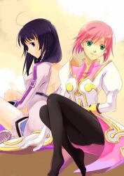  2girls black_hair black_legwear blue_eyes commentary_request dress estellise_sidos_heurassein gloves green_eyes in-franchise_crossover kohaku_hearts long_hair multiple_girls pantyhose photoshop_(medium) pink_hair short_hair smile tales_of_(series) tales_of_hearts tales_of_vesperia white_gloves yellow_background youhe_qri 