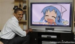  1boy barack_obama ikamusume lowres parody photo_(medium) real_life shinryaku!_ikamusume television third-party_edit 