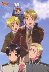  5boys 5guys america_(hetalia) axis_powers_hetalia flag germany_(hetalia) japan_(hetalia) male male_focus multiple_boys northern_italy_(hetalia) official_art united_kingdom_(hetalia) v white_flag 