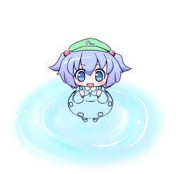  :d blue_eyes blue_hair blush chibi female from_above hair_bobbles hair_ornament hat kawashiro_nitori key looking_up maitora open_mouth ripples short_hair smile solo touhou two_side_up water 