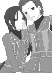  1boy couple female female homer_peron jane_turner male military military_uniform mino_haru monochrome open_mouth oscar_bielert senjou_no_valkyria senjou_no_valkyria_1 short_hair uniform 