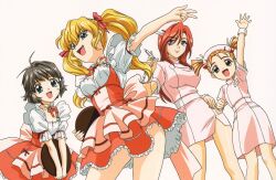  4girls ahoge amakawa_hotaru apron artist_request blonde_hair blue_eyes daikuuji_ayu frills highres hoshino_fumio kimi_ga_nozomu_eien maid multiple_girls nurse open_mouth purple_eyes red_hair ribbon short_twintails syringe tamano_mayu tray twintails waitress yellow_eyes 