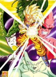  5boys absurdres alien blonde_hair blue_footwear cell_(dragon_ball) colored_skin copyright_name crease dougi dragon_ball dragon_ball_z evil_smile frieza green_skin grin highres kid_buu long_hair looking_at_viewer majin_buu male_focus multiple_boys official_art open_mouth pectoral_cleavage pectorals perfect_cell piccolo_daimaou pink_eyes pink_skin red_eyes scan smile smirk son_goku spiked_hair super_saiyan super_saiyan_3 teeth very_long_hair 