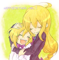  1boy ada_(blazblue) ada_clover arc_system_works blazblue blazblue:_calamity_trigger blonde_hair boh_(pixiv422546) bow bow_tie bowtie brother_and_sister carl_clover closed_eyes female female hug long_hair male nirvana open_mouth short_hair siblings 