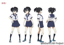  black_hair black_rock_shooter black_rock_shooter_(character) blue_eyes concept_art female kuroi_mato matsuo_yuusuke multiple_views one_eye_closed production_art reference_sheet school_uniform serafuku skirt standing turnaround twintails uneven_twintails 