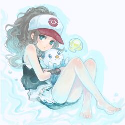  barefoot baseball_cap blue_eyes brown_hair chiko_(d04099) commentary_request denim denim_shorts female hat hilda_(pokemon) hug open_mouth oshawott pokemon pokemon_(creature) pokemon_bw ponytail shell shorts vest 