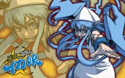  blue_eyes blue_hair commentary_request dress female foreshortening hat highres horror_(theme) ikamusume ink jigoku_inu long_hair photoshop_(medium) ringed_eyes shinryaku!_ikamusume solo tentacle_hair zoom_layer 