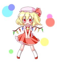  :d ascot blonde_hair blush body_blush chibi female flandre_scarlet full_body hat hat_ribbon knee_blush kneehighs legs_apart looking_at_viewer maitora mob_cap oerba_yun_fang open_mouth puffy_short_sleeves puffy_sleeves red_eyes red_footwear red_ribbon red_skirt ribbon shoes short_hair short_sleeves simple_background skirt skirt_set smile socks solo standing touhou v_arms white_background white_socks wings yellow_ascot 