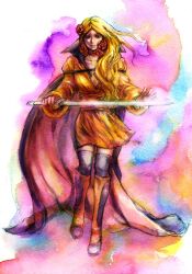  blonde_hair boots cape celes_chere female female final_fantasy final_fantasy_vi flower full_body koutoubu long_hair occipital rose solo sword thigh-highs thighhighs weapon 