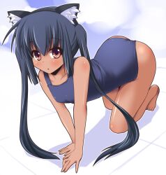  all_fours animal_ears black_hair brown_eyes cat_ears female k-on! long_hair nakano_azusa one-piece_swimsuit school_swimsuit shinshin solo swimsuit tan twintails 