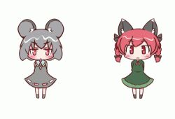  2girls :&lt; :3 animal_ears animated animated arms_behind_back bow braid cat_ears cat_tail dress grey_hair hairbow jewelry kaenbyou_rin lowres maitora mouse_ears multiple_girls multiple_tails nazrin pendant red_eyes red_hair short_hair tail touhou twin_braids twintails 