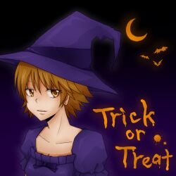  bat_(animal) black_background blonde_hair collar commentary_request female gradient_background halloween hat katekyo_hitman_reborn! koaki_(ko_aki) moon purple_background sasagawa_kyouko solo trick_or_treat witch_hat yellow_eyes 