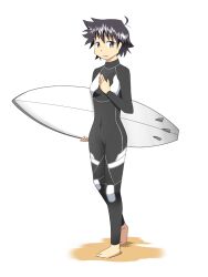  bodysuit commentary_request diving_suit female holding holding_behind_back holding_surfboard kaka_(kirby126) saitou_nagisa shinryaku!_ikamusume short_hair solo surfboard wetsuit 