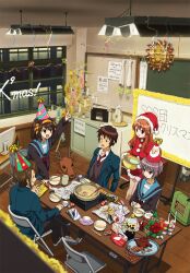  2boys 3girls :d :o ^_^ arm_support artist_request asahina_mikuru blazer blue_sailor_collar bottle bow bowl brown_hair bulletin_board cardigan chair chalkboard chopsticks christmas christmas_tree classroom closed_eyes cover crossed_legs cup dress dvd_cover expressionless flower fluorescent_lamp folding_chair food frown fur_trim garland_(decoration) globe gloves grin hair_ribbon hanging_light hat heater highres holding holding_bowl holding_cup index_finger_raised indoors jacket kita_high_school_uniform koizumi_itsuki kyon ladle long_sleeves looking_at_another mask monitor multiple_boys multiple_girls nabe nagato_yuki necktie official_art open_mouth orange_hair pants paper party party_hat pocky poinsettia pointing pointing_up pom_pom_(clothes) purple_hair radio red_dress red_necktie ribbon sailor_collar santa_costume santa_hat saucer school_uniform serafuku shoes short_dress sitting smile sneakers standing suzumiya_haruhi suzumiya_haruhi_no_shoushitsu suzumiya_haruhi_no_yuuutsu sweater_vest table teacup teapot tinsel v-shaped_eyebrows white_gloves whiteboard window wing_collar winter_uniform wooden_floor 