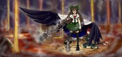  2girls alternate_weapon animal_ears arm_cannon black_thighhighs bloodycat bow braid brown_hair cape cat_ears cat_tail chinese_commentary commentary_request green_bow hairbow highres kaenbyou_rin long_hair multiple_girls multiple_tails red_eyes red_hair reiuji_utsuho short_hair tail thighhighs third_eye torn_clothes touhou twin_braids twintails weapon wings 