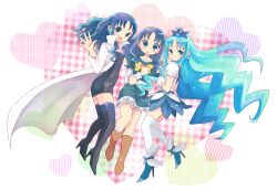  3girls blue_eyes blue_hair blue_skirt blue_theme commentary_request costume_chart cure_marine cure_marine_mirage dark_persona heart heartcatch_precure! kurumi_erika long_hair magical_girl mirage_precure multiple_girls multiple_persona oota precure skirt thighhighs 