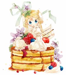  bad_id bad_pixiv_id banned_artist blue_eyes blueberry bow cherry dress flower food fruit highres in_food matoba minigirl original pancake raspberry sitting solo strawberry syrup 