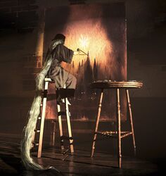  absurdly_long_hair absurdres barefoot brick brick_wall brush dark_souls_(series) dark_souls_iii espen_olsen_saetervik female grey_hair highres holding holding_brush holding_paintbrush ladder long_hair paintbrush painterly painting_(action) painting_(object) painting_woman_(dark_souls) solo torn torn_clothes very_long_hair wood wooden_floor 