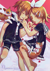  1boy bangs barefoot berries black_dress black_shirt black_shorts blonde_hair bow brother_and_sister closed_eyes collar commentary dress feet_out_of_frame feline female finger_to_another&#039;s_mouth food frilled_dress frills fruit hair_ornament hairbow hairclip holding holding_food holding_fruit kagamine_len kagamine_rin lipstick lying makeup matching_outfit necktie on_back on_side pinky_out sailor_collar sailor_dress sailor_shirt shirt short_hair short_ponytail shorts siblings smile spiked_hair swept_bangs twins vocaloid w.r.b white_bow white_collar white_neckwear 