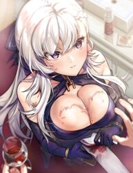  absurdres alcohol azur_lane bare_shoulders belfast_(azur_lane) belfast_(the_noble_attendant)_(azur_lane) blurry blurry_background blurry_foreground blush bottle bracelet braid breasts cleavage cleavage_cutout clothing_cutout collarbone cup depth_of_field dress drinking_glass elbow_gloves female french_braid from_above furon_(froon) gloves hair_between_eyes hair_ribbon halter_dress halterneck highres jewelry large_breasts long_hair looking_at_viewer official_alternate_costume out_of_frame parted_lips pouring_onto_another pov pov_hands purple_dress purple_eyes purple_gloves purple_ribbon ribbon sidelocks sleeveless sleeveless_dress solo_focus suggestive_fluid white_hair wine 