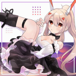  ayanami_(azur_lane) ayanami_(nightfall_raiment)_(azur_lane) azur_lane belt black_footwear boots commentary_request detached_sleeves female grey_hair hair_between_eyes hair_ornament hairclip headgear highres knee_boots legs_up long_hair looking_at_viewer official_alternate_costume orange_eyes sidelocks sitting solo takumi_mizuki wide_sleeves 