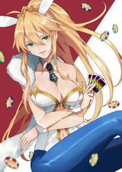  animal_ears artoria_pendragon_(fate) artoria_pendragon_(swimsuit_ruler)_(fate) bare_shoulders blonde_hair blue_pantyhose breasts card cleavage detached_collar fate/grand_order fate_(series) female fishnets green_eyes hair_between_eyes highres karen_ngao large_breasts leotard long_hair looking_at_viewer necktie pantyhose playboy_bunny playing_card poker_chip ponytail rabbit_ears sidelocks sitting solo white_leotard wrist_cuffs 