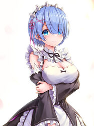  absurdres apron arm_under_breasts black_dress blue_eyes blue_hair blush breasts cleavage commentary_request cowboy_shot detached_sleeves dress female flower_knot frilled_sleeves frills hair_ornament hair_over_one_eye hair_ribbon hairband hairclip hand_on_own_arm highres large_breasts lolita_hairband long_sleeves looking_at_viewer maid pink_ribbon re:zero_kara_hajimeru_isekai_seikatsu rem_(re:zero) ribbon roswaal_mansion_maid_uniform short_hair simple_background smile solo underbust waist_apron white_apron white_background x_hair_ornament yuye 