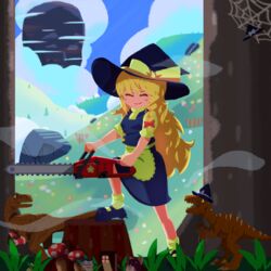  apron black_footwear black_skirt black_vest blonde_hair blouse bow braid chainsaw closed_eyes closed_mouth cloud commentary_request cookie_(touhou) day dinosaur female flower forest frilled_bow frills full_body grass hair_between_eyes hairbow hakurei_reimu hat hat_bow hill holding holding_chainsaw kirisame_marisa long_hair looking_at_viewer mary_janes mushroom nature outdoors psychic_parrot raptor red_bow red_flower shirt shoes side_braid silk single_braid skirt smile socks spider_web standing star_(symbol) suzu_(cookie) touhou tree tree_stump very_long_hair vest waist_apron white_apron white_bow white_flower white_legwear white_shirt witch_hat yukkuri_shiteitte_ne 