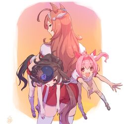  3girls animal_ears blue_eyes blue_flower blue_headwear blue_rose brown_hair carrying carrying_under_arm closed_mouth dirty dirty_clothes dirty_face flower flower_in_eye gym_shirt gym_shorts gym_uniform haru_urara_(umamusume) headband highres horse_ears horse_girl horse_tail ishii_onkami looking_back mihono_bourbon_(umamusume) multiple_girls orange_eyes pink_eyes pink_hair rice_shower_(umamusume) rose shirt shorts sweat symbol_in_eye tail thighhighs umamusume white_legwear 