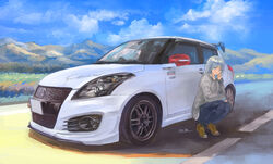  blue_eyes car denim female grey_sweater highres jeans long_hair looking_down momo_hiki motor_vehicle original outdoors pants personification solo spoiler_(automobile) squatting suzuki_(company) sweater vehicle_and_personification vehicle_focus white_hair 