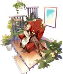  ankle_strap ask_(askzy) azur_lane black_gloves black_pantyhose blonde_hair blue_eyes bonnet breasts chair closed_mouth crossed_legs dress elbow_gloves faux_figurine female flower gloves hanging_plant high_heels highres key long_hair looking_at_viewer official_art on_chair painting_(object) pantyhose plant potted_plant rose see-through short_dress sitting sleeveless sleeveless_dress small_breasts solo strappy_heels transparent_background vanguard_(azur_lane) vanguard_(half-hearted_masquerade)_(azur_lane) white_flower white_rose wooden_floor 