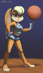  2021 4_toes absurd_res anthro ball barefoot basketball_(ball) basketball_uniform blue_eyes bottomwear breasts buckteeth clothing cotton_tail feet female gabbslines gloves handwear hi_res lagomorph leporid lola_bunny looking_at_viewer looney_tunes mammal plantigrade rabbit shorts side_boob solo space_jam spinning sportswear teeth toes tune_squad_outfit tune_squad_outfit_(1996) uniform warner_brothers white_clothing white_gloves white_handwear 