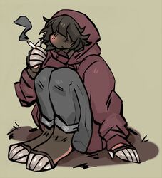  anthro cigarette claws clothing eulipotyphlan fawnsdraws hair hair_over_eye hair_over_eyes hood_up hoodie male mammal maple_(fawnsdraws) mole_(animal) one_eye_obstructed sitting sitting_on_ground smoking solo topwear 