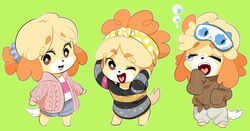  :d alternate_costume alternate_hairstyle animal_crossing bad_id bad_twitter_id blonde_hair brown_eyes brown_sweater closed_eyes dog_girl eye_mask female full_body furry furry_female green_background hair_ornament hair_scrunchie hairband highres isabelle_(animal_crossing) jacket looking_at_viewer medium_hair moosopp multiple_views one_eye_closed open_clothes open_jacket open_mouth polka_dot_hairband ribbed_sweater scrunchie shirt shorts simple_background sleepy sleeves_past_fingers sleeves_past_wrists smile standing striped_clothes striped_shirt sweater tail tongue yawning yellow_hairband 