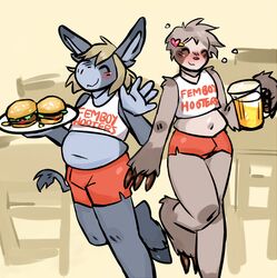  accessory alcohol anthro asinus beer beverage blonde_hair bottomwear burger chair claws clothing crop_top donkey duo english_text equid equine fawnsdraws femboy_hooters food furniture hair hair_accessory hairclip hooters_uniform hooves hotpants male mammal midriff pilosan shirt shorts sloth table tank_top text text_on_clothing text_on_shirt text_on_tank_top text_on_topwear topwear xenarthran 