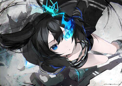  bikini bikini_top_only black_bikini black_coat black_footwear black_hair black_rock_shooter black_rock_shooter_(character) black_rock_shooter_fragment black_shorts blue_eyes breasts coat elishka_(black_rock_shooter) female flaming_eye floating_hair foreshortening from_above hair_between_eyes hassan_(sink916) highres long_hair long_sleeves looking_at_viewer mismatched_pupils navel no_shirt official_art open_clothes open_coat parted_lips promotional_art short_shorts shorts small_breasts solo star-shaped_pupils star_(symbol) stomach swimsuit symbol-shaped_pupils twintails very_long_hair 