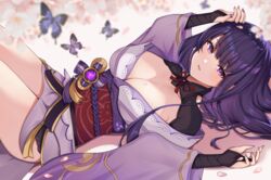  arms_up blurry blurry_background blush breasts bridal_gauntlets bug butterfly cleavage commentary_request depth_of_field female from_side genshin_impact highres japanese_clothes kimono kimono_pull knees_up large_breasts long_hair long_sleeves looking_at_viewer looking_to_the_side lying mizuhiki nail_polish neck_ribbon obi on_back parted_lips partial_commentary petals purple_eyes purple_hair purple_kimono purple_nails raiden_shogun red_ribbon revision ribbon sash sayo_shigure_(sayosigure) short_kimono shrug_(clothing) smile solo tassel vision_(genshin_impact) wide_sleeves 