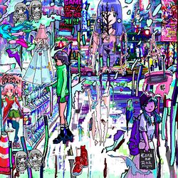  ace_akira akihabara_(tokyo) aqua_hair bag black_footwear black_legwear blue_hair blunt_bangs car city closed_mouth day frown gacha_gacha green_skirt hat high_heels holding holding_bag jaggy_lines light_purple_hair long_hair long_skirt looking_at_viewer motor_vehicle multiple_girls original overalls pink_legwear pink_shirt pleated_skirt poster_(object) puddle red_footwear revision shiny shirt shoes shopping_bag short_hair short_sleeves skirt standing standing_on_one_leg sunlight surreal traffic_cone twintails white_skirt 